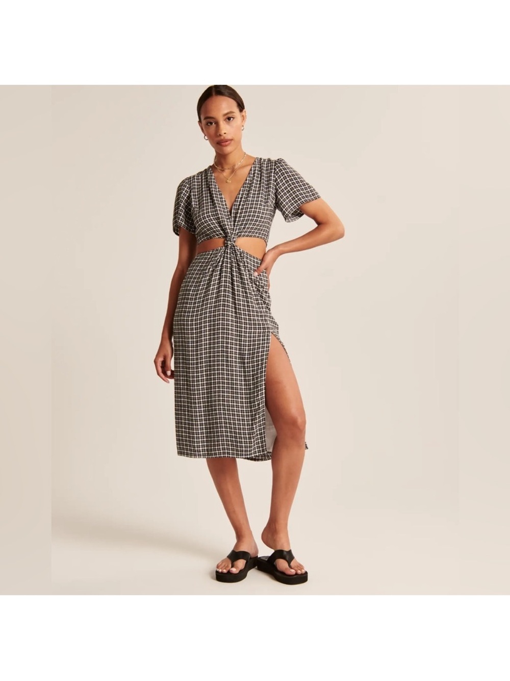 Abercrombie & Fitch Black and White Check Cutout Midi Dress